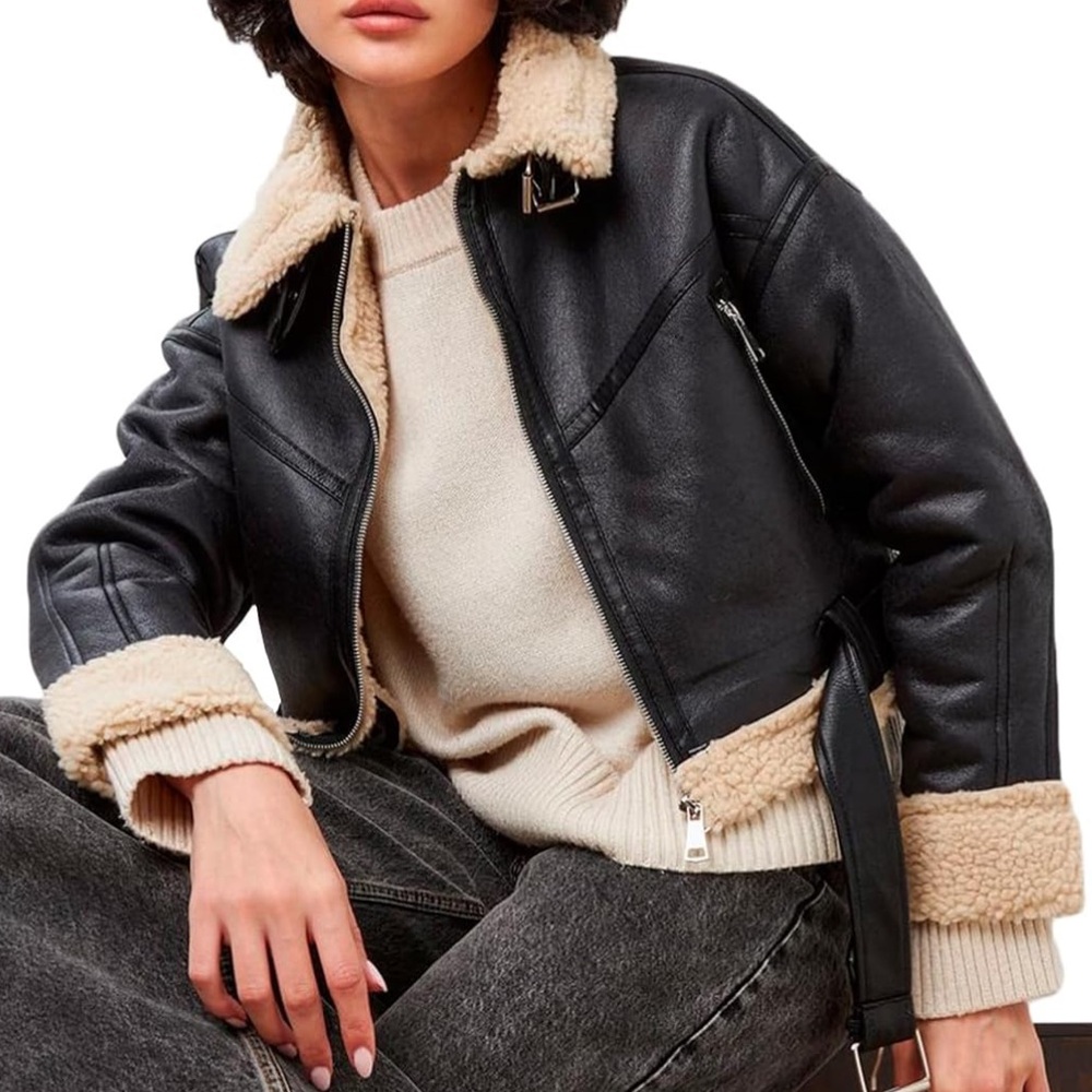 NWOT Black/Tan Faux Leather Faux Fur Crop Jacket, Size XL (Fits like a M/L) - Picture 1 of 6